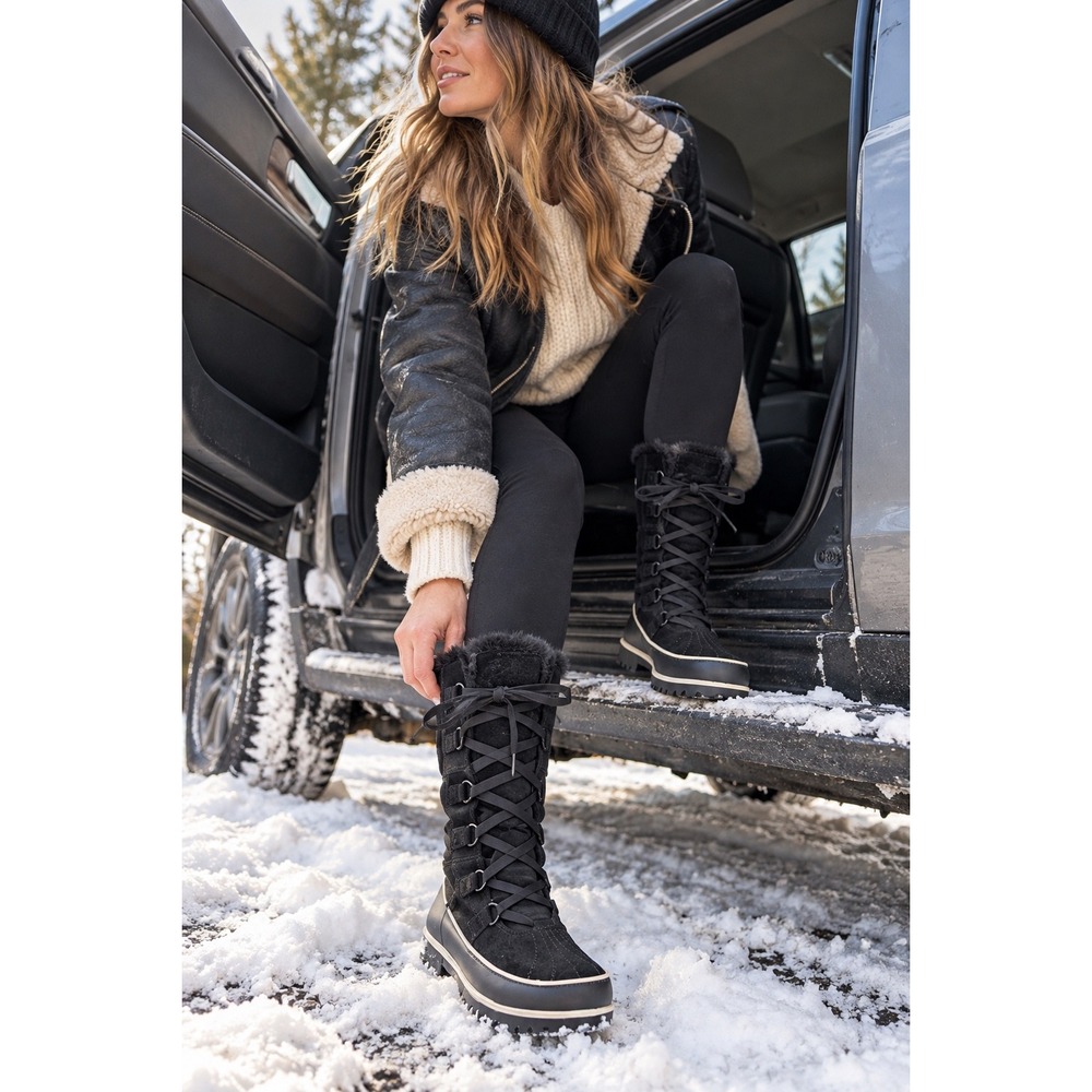 SOREL Tivoli High II Waterproof Suede Faux Fur Lace Up Snow Boots Black 9
